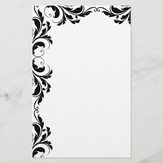 Chic Black Damask Plain Stationery (Front)
