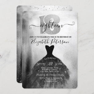 Chic Black Dress Silver Confetti 18th Birthday Invitation