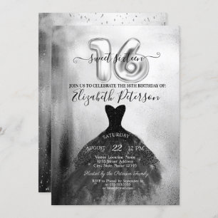  Chic Black Dress Silver Confetti Sweet 16  Invitation