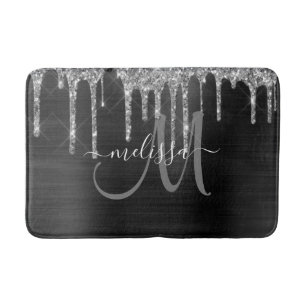 Chic Black Dripping Glitter Brush Metal Monogram Bath Mat