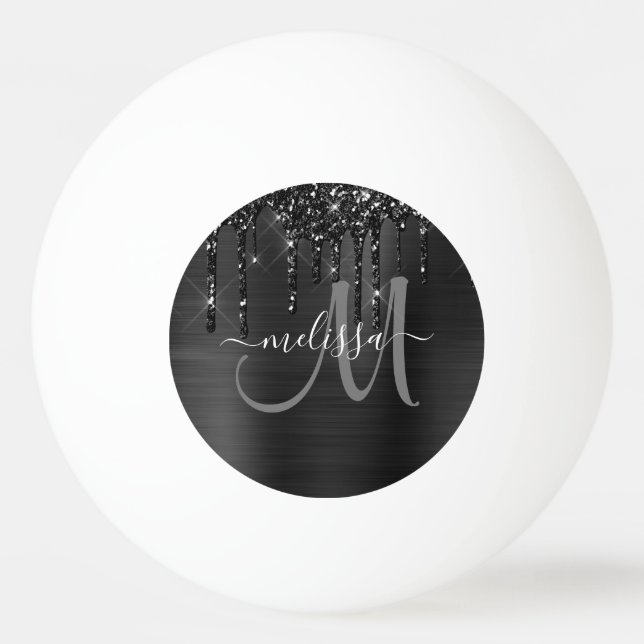 Chic Black Dripping Glitter Brush Metal Monogram Ping Pong Ball (Front)