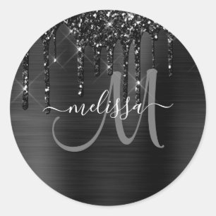 Chic Black Dripping Glitter Brushed Metal Monogram Classic Round Sticker