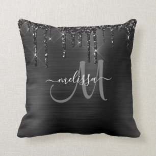 Chic Black Dripping Glitter Brushed Metal Monogram Cushion