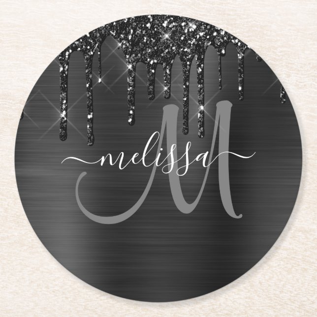 Chic Black Dripping Glitter Brushed Metal Monogram Round Paper Coaster (Front)