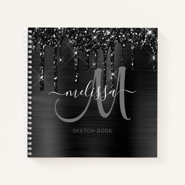 Chic Black Dripping Glitter Brushed Metal Sketch Notebook (Front)