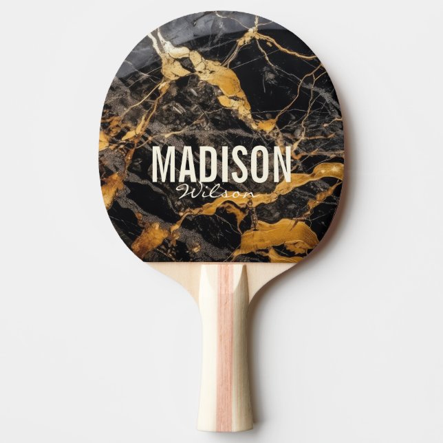 Chic black faux gold glitter marbling monogram  ping pong paddle (Front)
