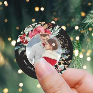 Chic Black Floral Holiday Wedding Photo Classic Round Sticker