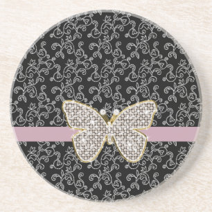 Chic Black Floral Jewel Butterfly Coaster