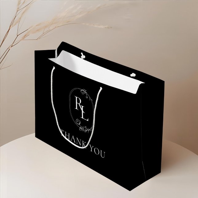 Chic Black | Floral Monogram Wedding Thank You Large Gift Bag (Creator Uploaded)