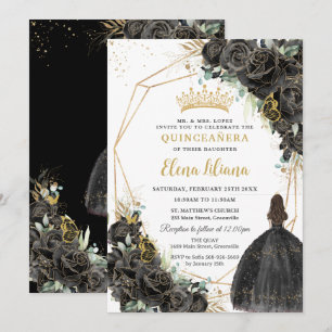 Chic Black Floral Roses Gold Quinceanera Sweet 16 Invitation