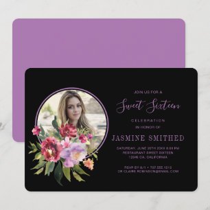 Chic Black Floral Themed Photo Sweet 16 Invitation