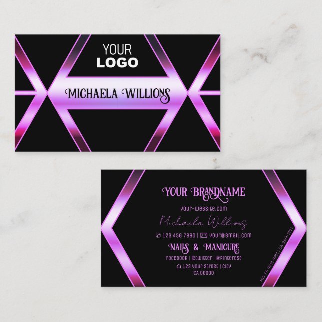 Chic Black Geometric Pink Purple Shimmer with Logo Business Card (Front/Back)