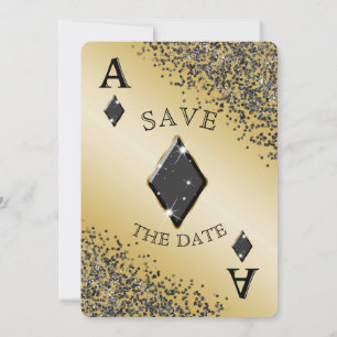 Chic Black Glitter & Ace of Diamonds Save the Date Invitation
