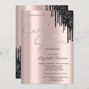 Chic Black Glitter Drips,Rose Gold Sweet 16  Invitation
