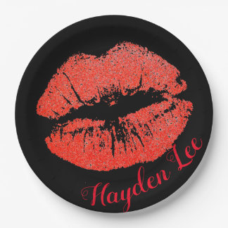 Chic Black & Glitter red Lips print Paper plates