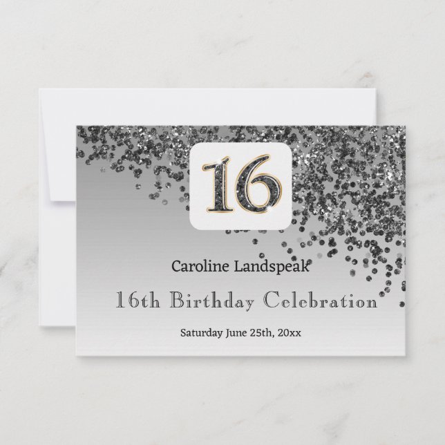 Chic Black Glitter, Sixteen Birthday RSVP Card (Front)