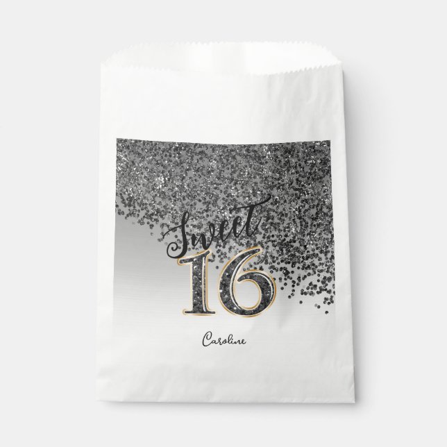 Chic Black Glitter Sweet 16 Birthday Favour Bag (Front)
