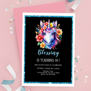 Chic black glitter unicorn birthday invitation