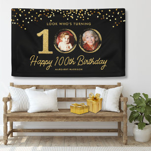 Chic Black Gold 100th Birthday Party Custom Photos Banner