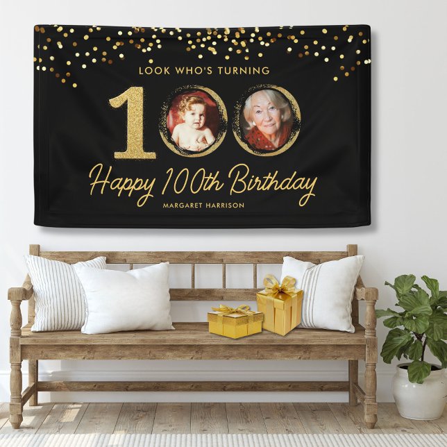 Chic Black Gold 100th Birthday Party Custom Photos Banner (Creator Uploaded)