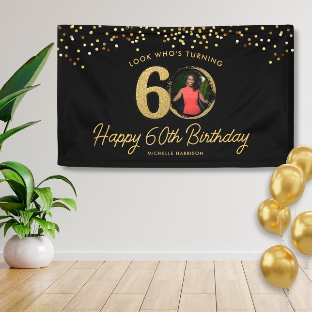 Chic Black Gold 60th Birthday Party Custom Photo Banner (Creator Uploaded)