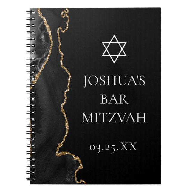 Chic Black Gold Agate Bar Mitzvah Custom Notebook (Front)