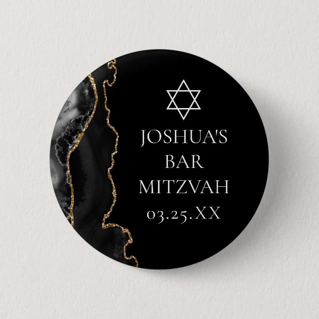 Chic Black Gold Agate Bar Mitzvah Party 6 Cm Round Badge (Front)