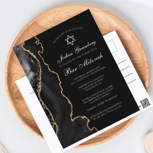 Chic Black Gold Agate Bar Mitzvah Party Invitation Postcard