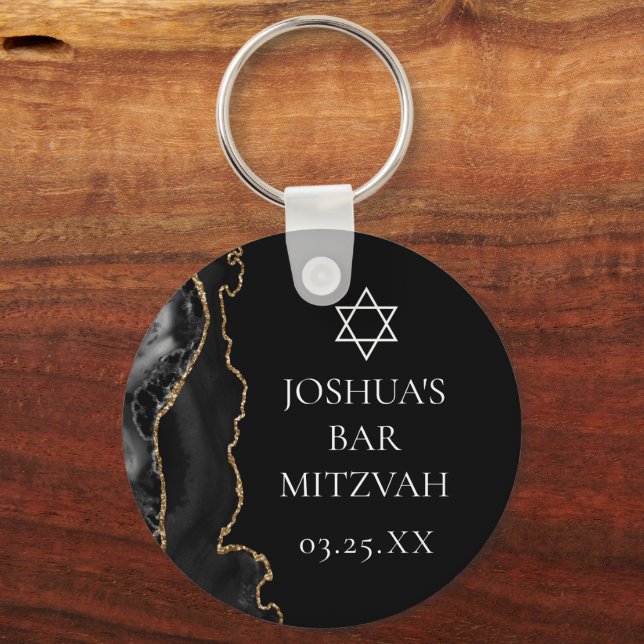 Chic Black Gold Agate Bar Mitzvah Party Key Ring (Front)