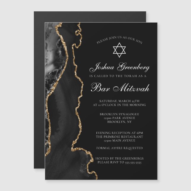 Chic Black Gold Agate Bar Mitzvah Party Magnetic Invitation (Front/Back)
