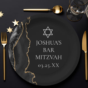 Chic Black Gold Agate Bar Mitzvah Party Paper Plate