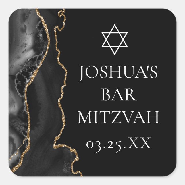 Chic Black Gold Agate Bar Mitzvah Party Square Sticker (Front)