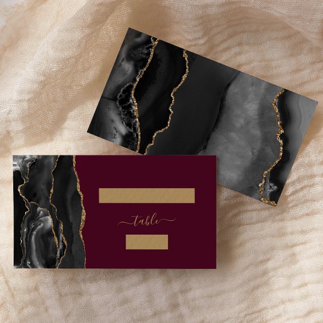 Chic Black Gold Agate Burgundy Wedding Escort Place Card (Creator Uploaded)