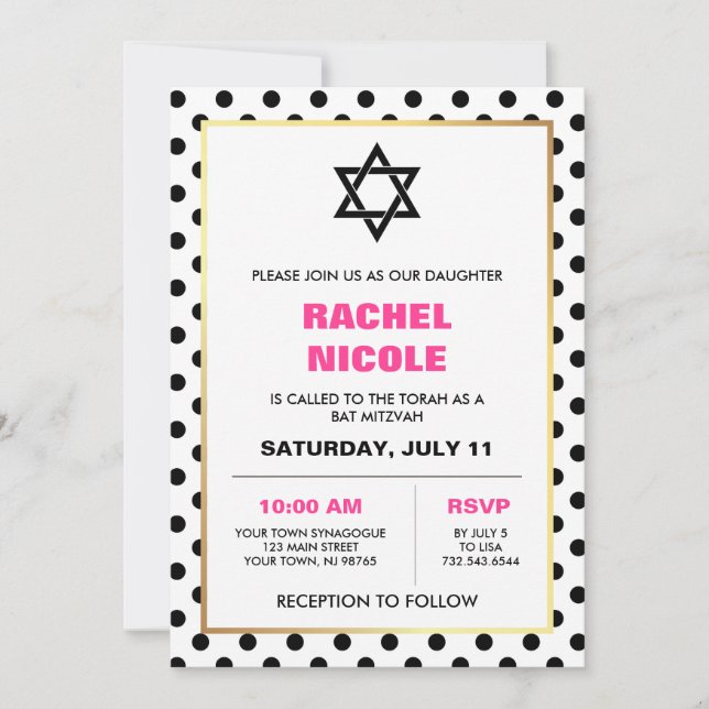 Chic Black Gold and Pink Polka Dots Bat Mitzvah Invitation (Front)