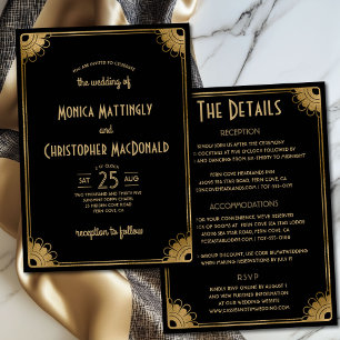 Chic Black Gold Art Deco Floral All-in-One Wedding Invitation