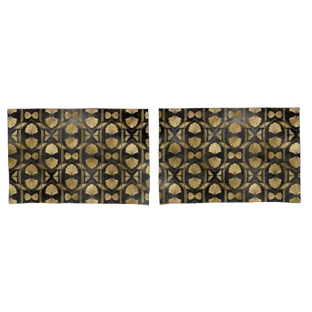 Chic Black & Gold Art Deco Shell Pattern Pillowcase (Front-Set)