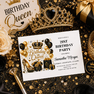 Chic Black Gold Birthday Queen Sparkle Party Invit Invitation