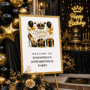 Chic Black Gold Birthday Queen Sparkle Welcome Pos Poster