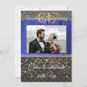 Chic Black Gold Blue Silk 65th Wedding Anniversary Invitation