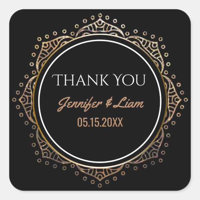 Chic Black Gold Boho Wedding | Thank You Favour Square Sticker (Front)