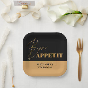Chic Black Gold Bon Appétit Script Birthday Paper Plate