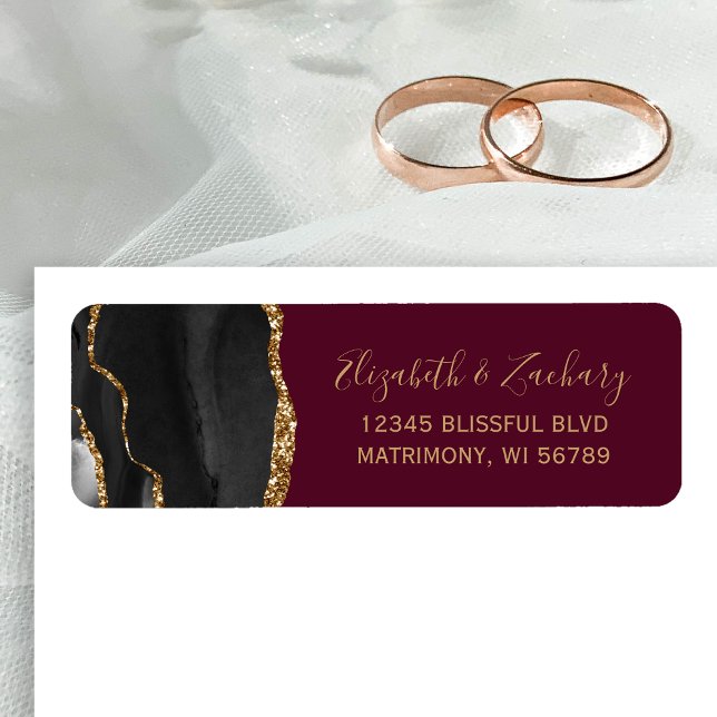 Chic Black Gold Burgundy Wedding Return Address Label (Creator Uploaded)