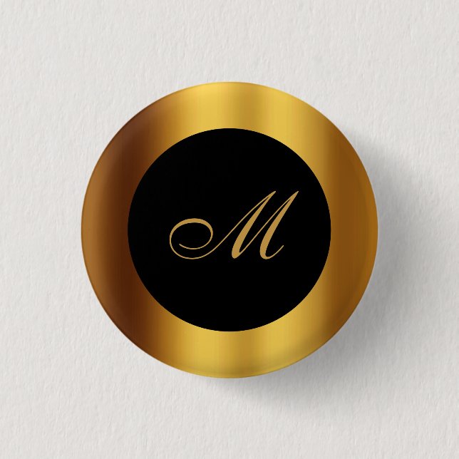 Chic Black Gold Calligraphy Border Monogram 3 Cm Round Badge (Front)