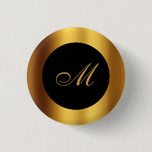 Chic Black Gold Calligraphy Border Monogram 3 Cm Round Badge