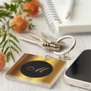 Chic Black Gold Calligraphy Border Monogram Key Ring