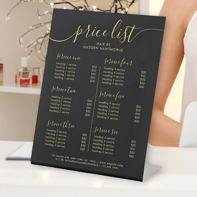 Chic Black Gold Calligraphy Service Price List Pedestal Sign (Creator Uploaded)