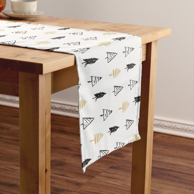 Chic Black & Gold Christmas Tree Pattern Short Table Runner (In Situ)