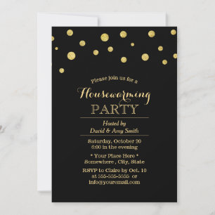 Chic Black & Gold Confetti Dots Housewarming Invitation