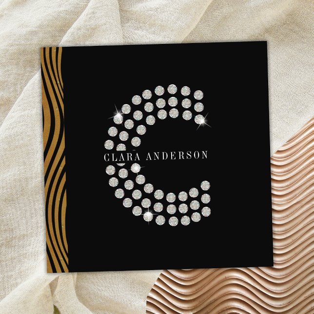 Chic Black Gold Diamond Initial C Monogram QR Code Square Business Card (Front)