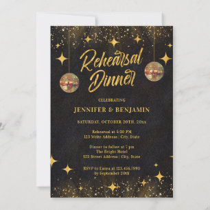 Chic Black Gold Disco Ball Rehearsal Dinner Invitation